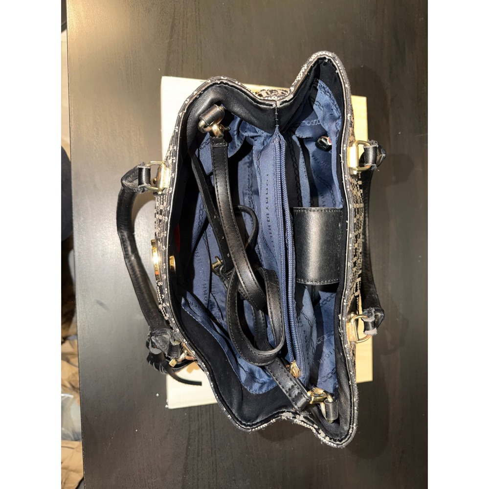 Tommy Hilfiger Tote Bag Black White Monogram Canvas Leather Straps - Picture 14 of 14